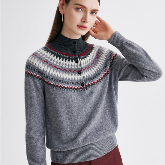 COMOBOCA 100% Cashmere Women's Fair Isle Mock Neck Button Front Sweater