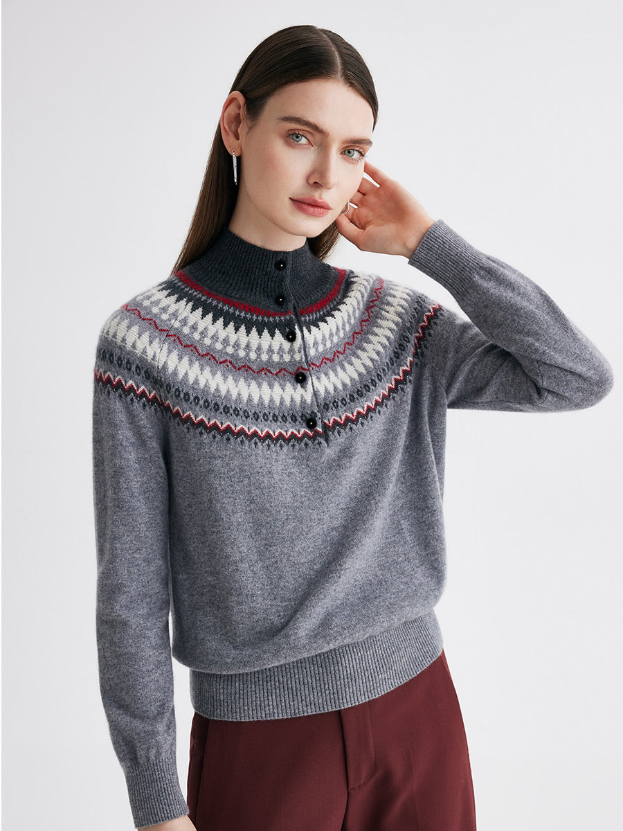 COMOBOCA 100% Cashmere Women's Fair Isle Mock Neck Button Front Sweater