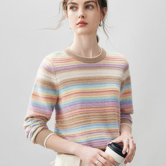 COMOBOCA 100% Cashmere Women's Rainbow Striped Round Neck Sweater