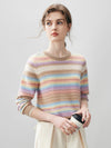 COMOBOCA 100% Cashmere Women's Rainbow Striped Round Neck Sweater