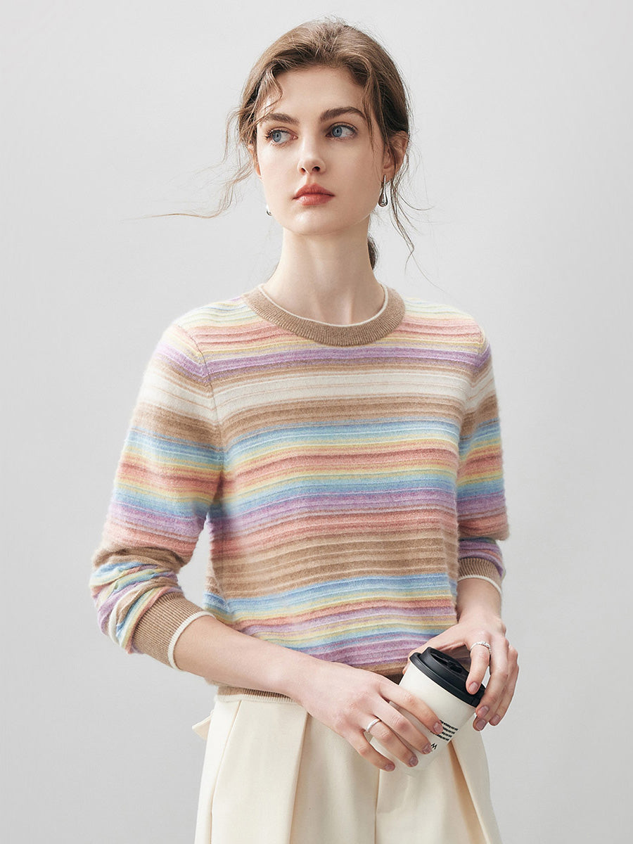 COMOBOCA 100% Cashmere Women's Rainbow Striped Round Neck Sweater