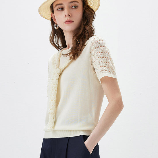 COMOBOCA Women's Lace Round Neck Knit T-Shirt