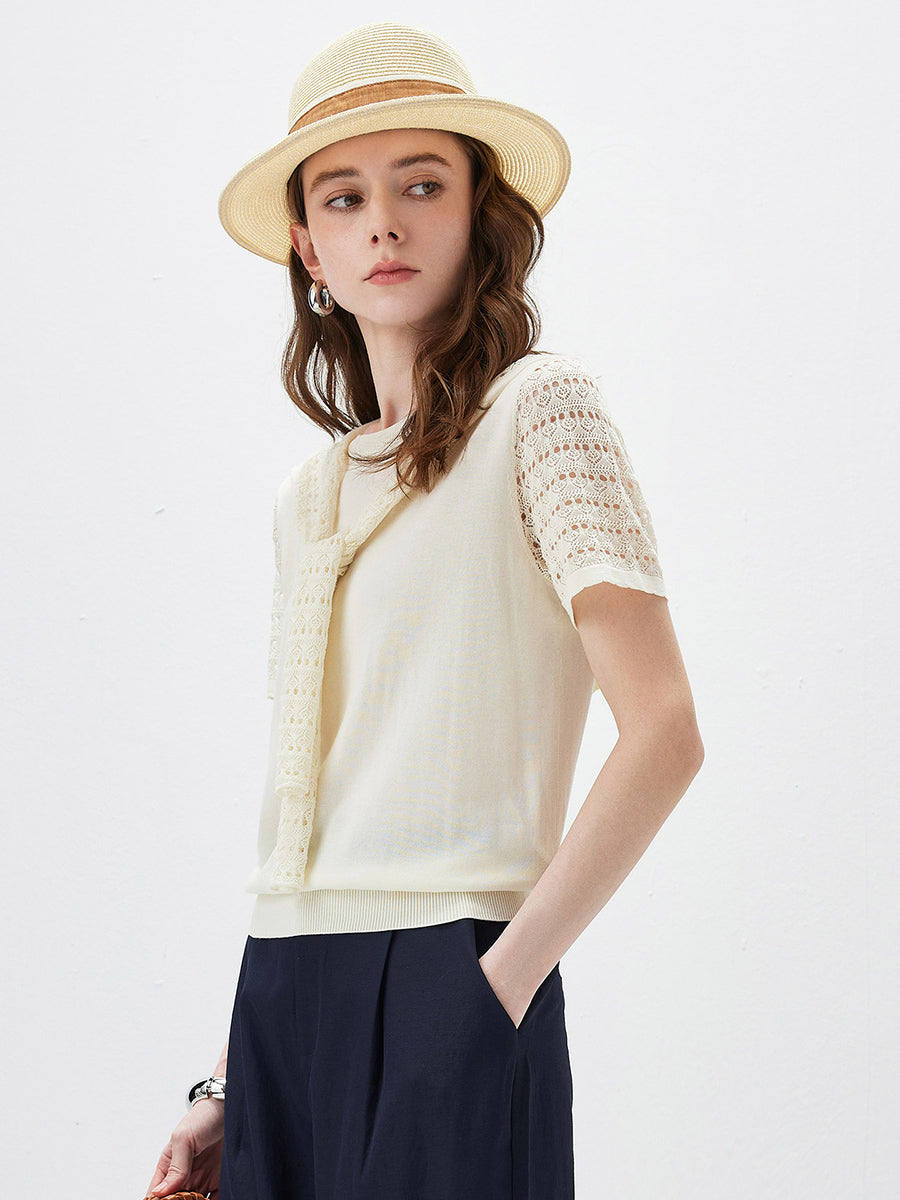 COMOBOCA Women's Lace Round Neck Knit T-Shirt