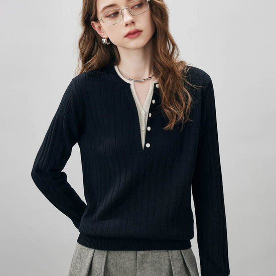 COMOBOCA Black 100% Wool Women's Ribbed Contrast Trim Sweater