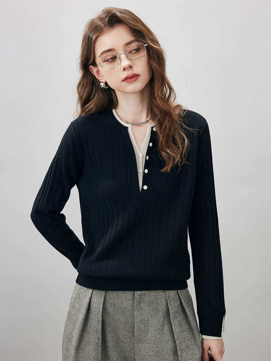 COMOBOCA Black 100% Wool Women's Ribbed Contrast Trim Sweater