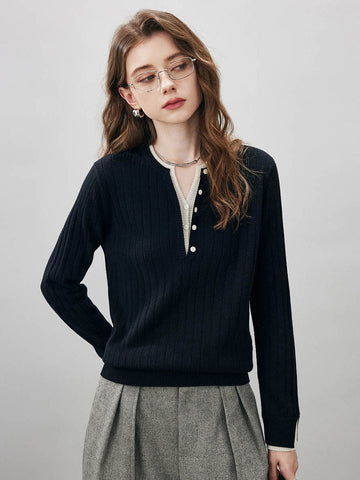 COMOBOCA Black 100% Wool Women's Ribbed Contrast Trim Sweater