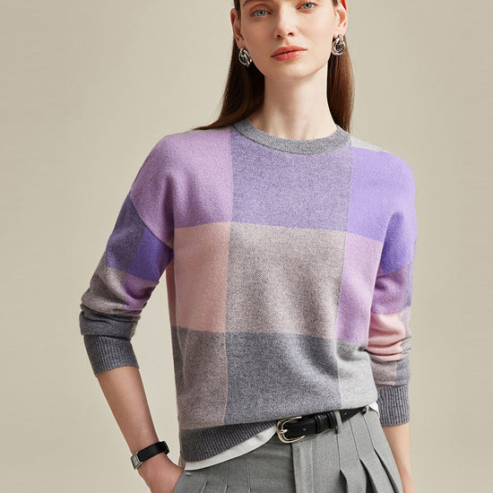 COMOBOCA 100% Cashmere Women's Color Block Plaid Sweater