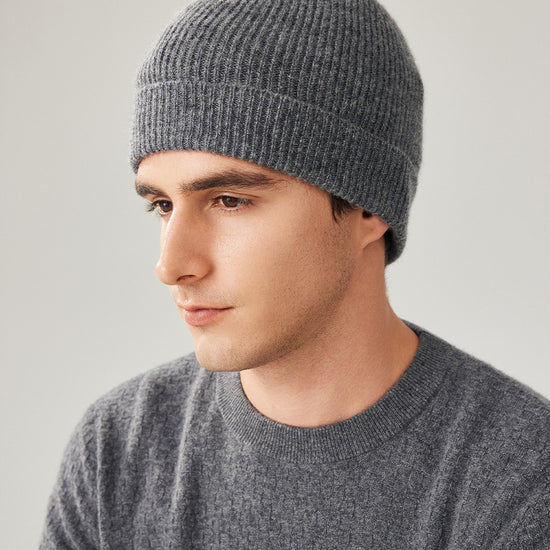 COMOBOCA Gray 100% Wool Men's Ribbed Knit Beanie