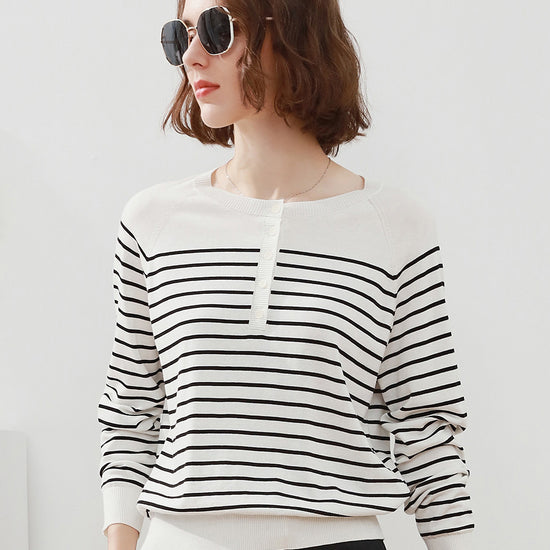 COMOBOCA Women's Striped Henley T-Shirt Sweater