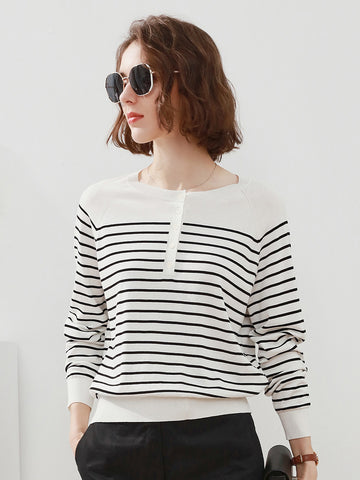 COMOBOCA Women's Striped Henley T-Shirt Sweater