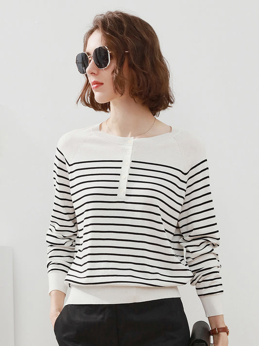 COMOBOCA Women's Striped Henley T-Shirt Sweater