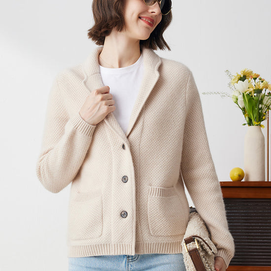COMOBOCA Beige 100% Cashmere Women's Blazer Collar Cardigan