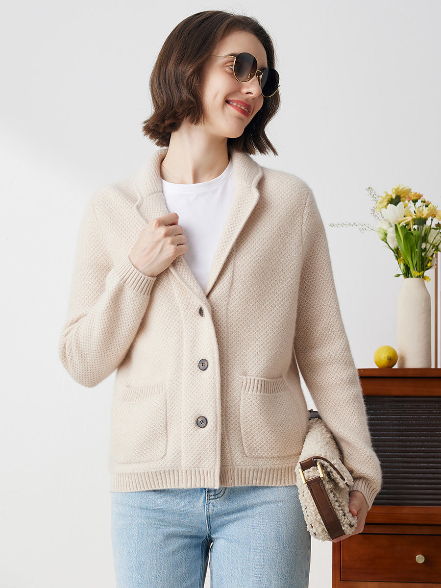 COMOBOCA Beige 100% Cashmere Women's Blazer Collar Cardigan