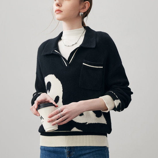 COMOBOCA 100% Cashmere Women's Panda Pattern Polo Collar Sweater