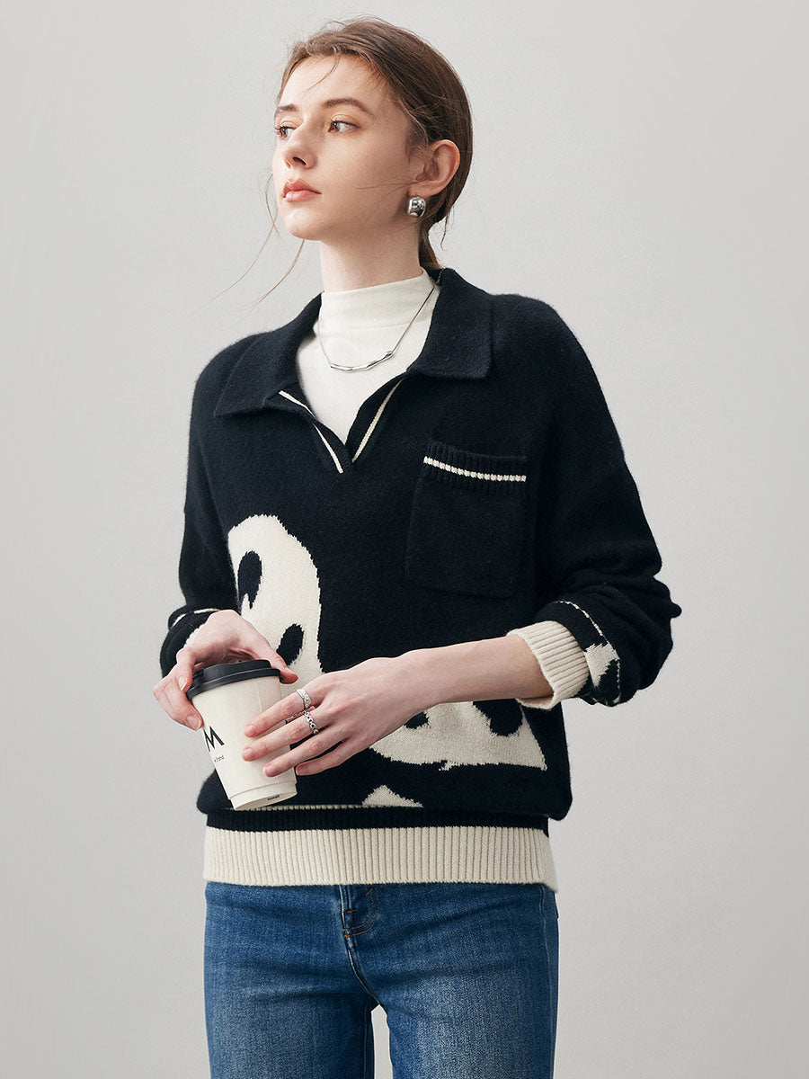 COMOBOCA 100% Cashmere Women's Panda Pattern Polo Collar Sweater