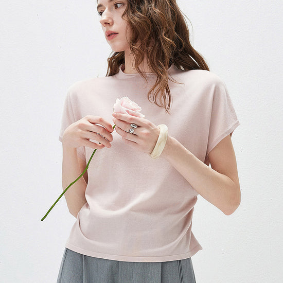 COMOBOCA Light Pink Women's Side Ruched Mock Neck Knit T-Shirt