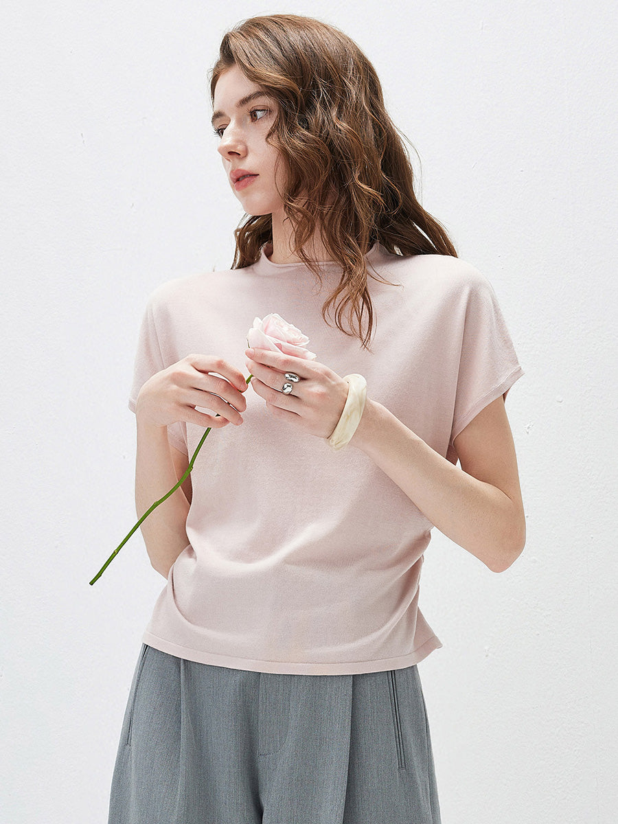 COMOBOCA Light Pink Women's Side Ruched Mock Neck Knit T-Shirt