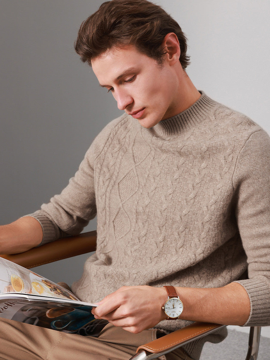 COMOBOCA 100% Cashmere Men's Ribbed Mock Neck Sweater