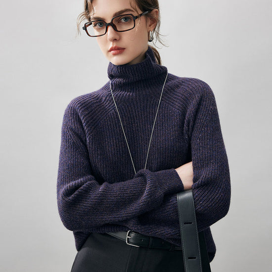 COMOBOCA Deep Purple 100% Cashmere Women's Ribbed Turtleneck Sweater