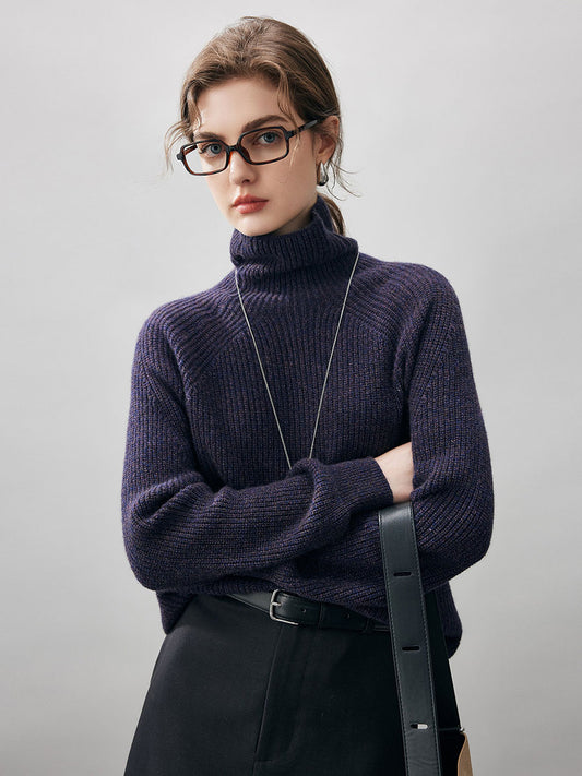 COMOBOCA Deep Purple 100% Cashmere Women's Ribbed Turtleneck Sweater