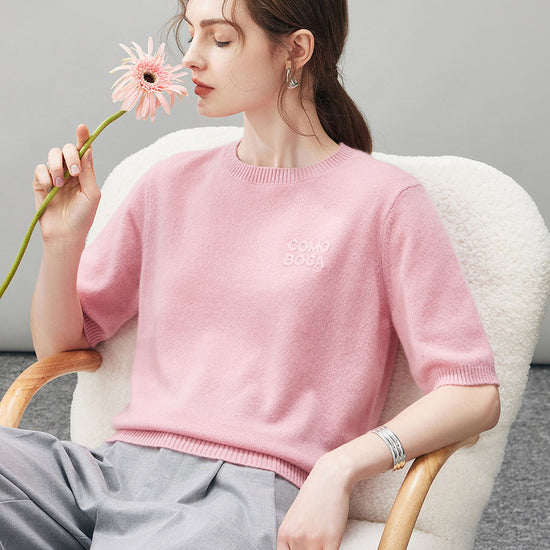 COMOBOCA 100% Cashmere Women's Embroidered Logo Short Sleeve Sweater