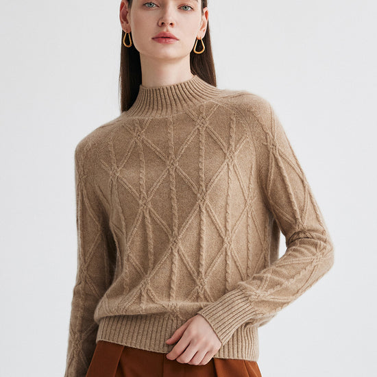 COMOBOCA 100% Cashmere Women's Cable Knit Mock Neck Sweater