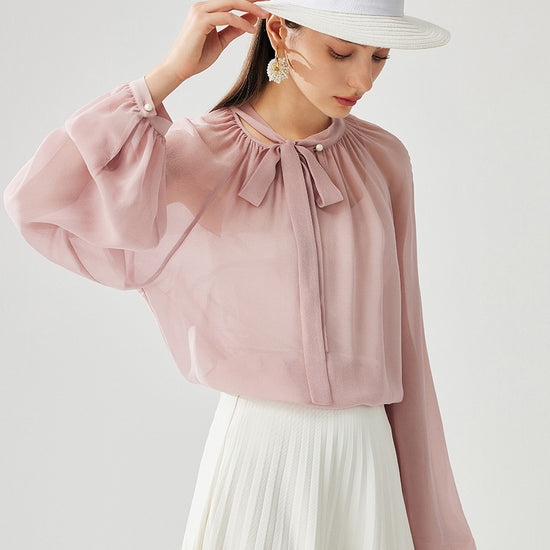 COMOBOCA Pink 100% Mulberry Silk Women's Bow Tie Blouse