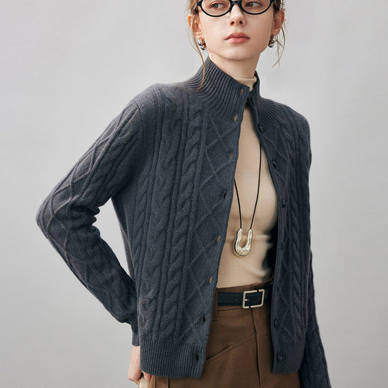 COMOBOCA 100% Cashmere Women's Cable Mock Neck Knit Cardigan