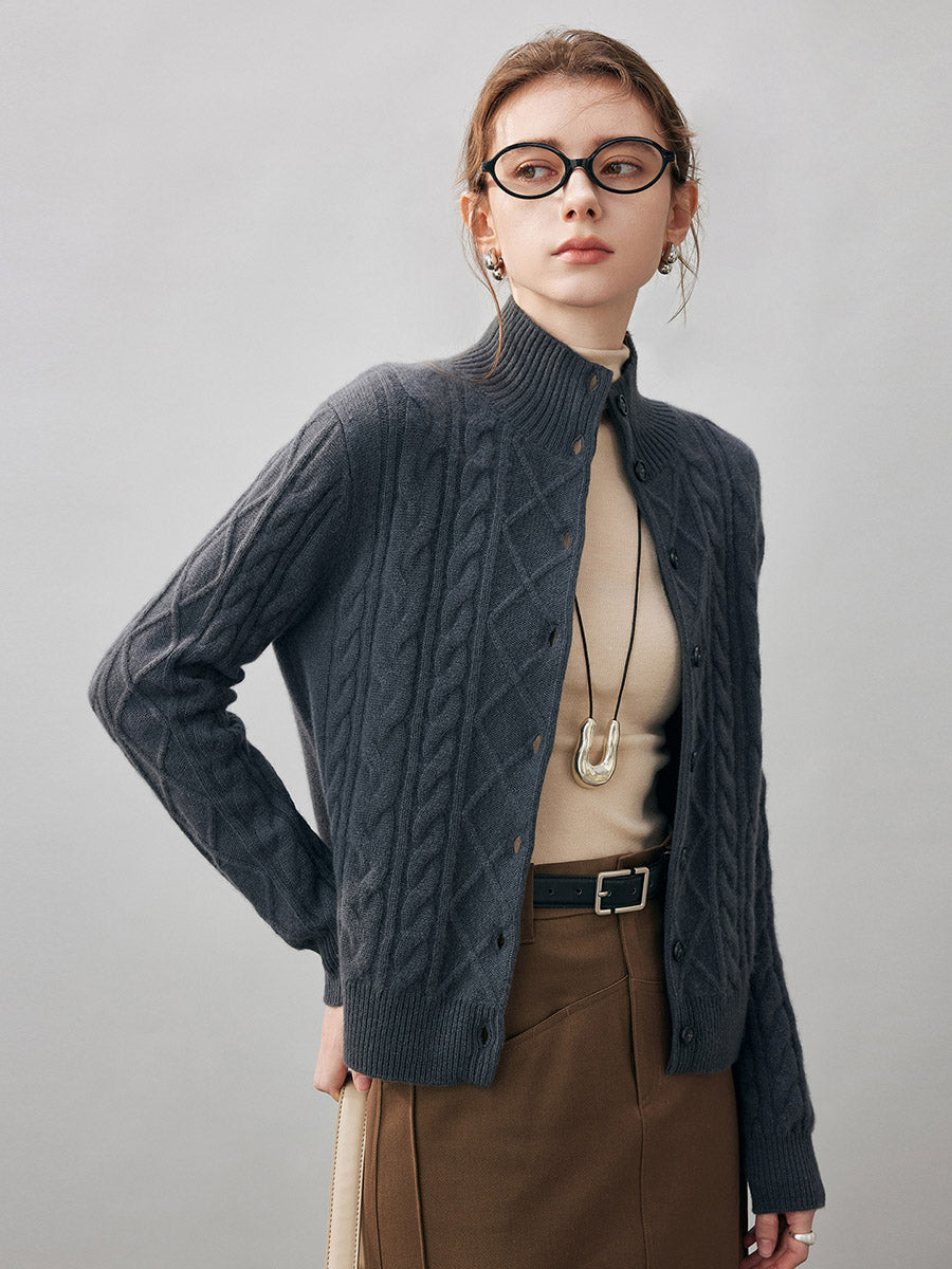 COMOBOCA 100% Cashmere Women's Cable Mock Neck Knit Cardigan