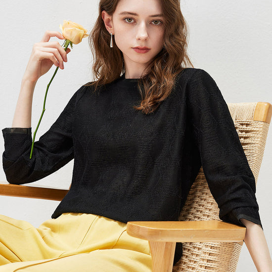 COMOBOCA Women's Textured Sheer Knit Round Neck Sweater