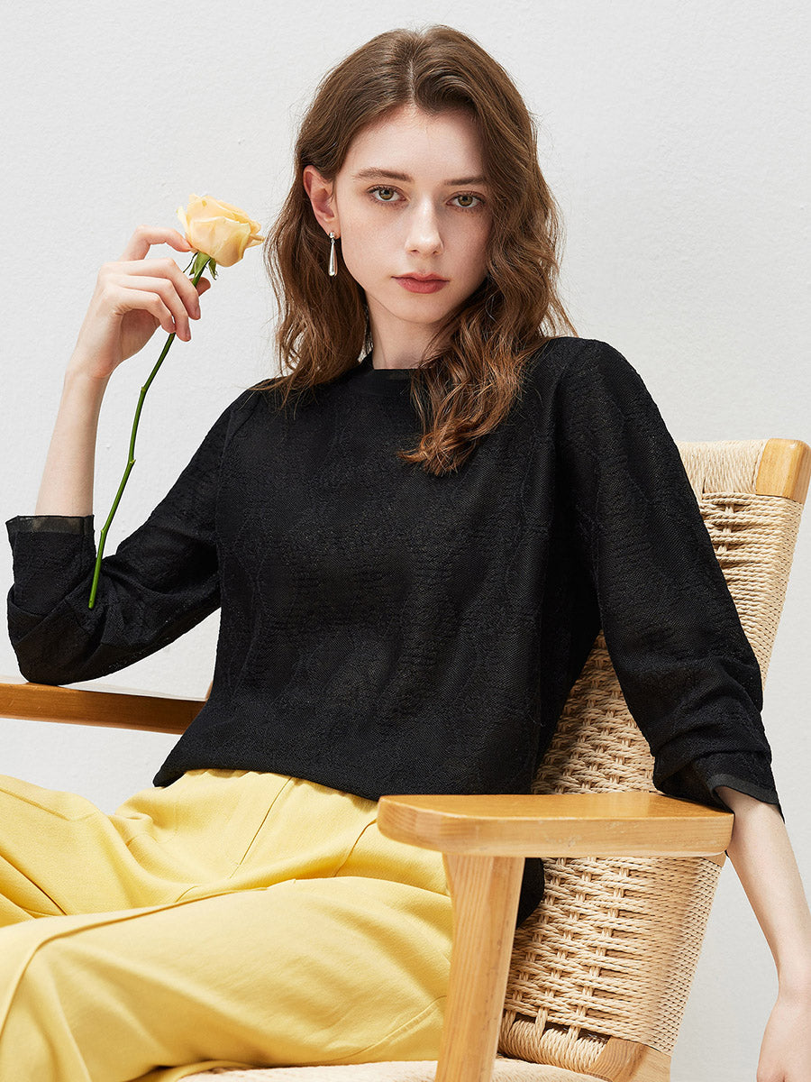 COMOBOCA Women's Textured Sheer Knit Round Neck Sweater