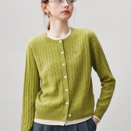 COMOBOCA Olive Green 100% Cashmere Women's Cable Knit Button Front Cardigan