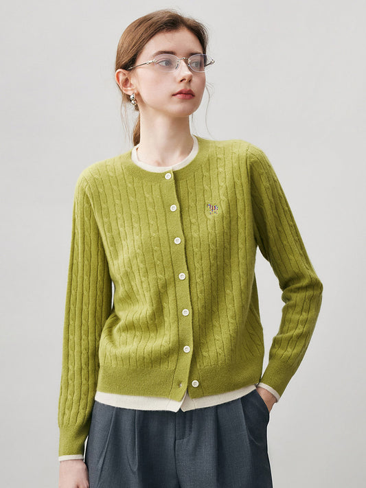 COMOBOCA Olive Green 100% Cashmere Women's Cable Knit Button Front Cardigan