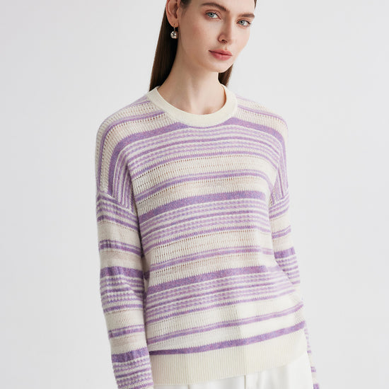 COMOBOCA 100% Cashmere Women's Striped Knit Round Neck Sweater