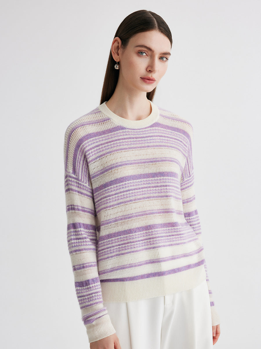 COMOBOCA 100% Cashmere Women's Striped Knit Round Neck Sweater