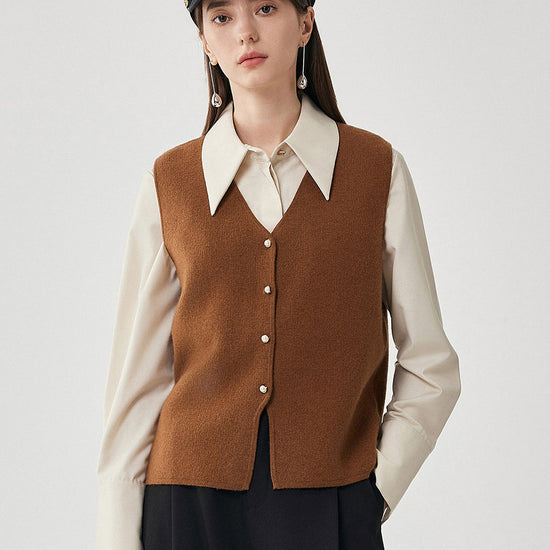 COMOBOCA Brown 100% Wool Women's Button-Down Knit Vest