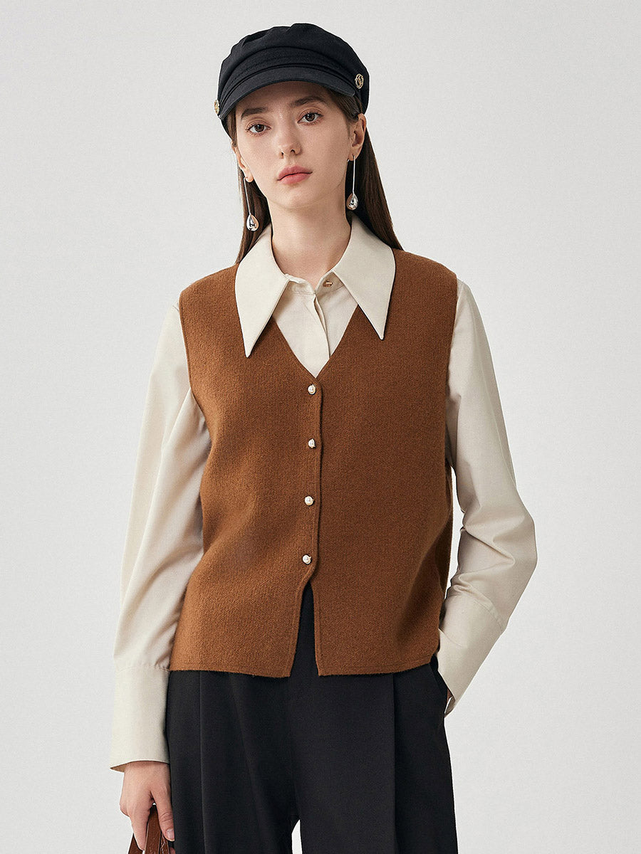 COMOBOCA Brown 100% Wool Women's Button-Down Knit Vest