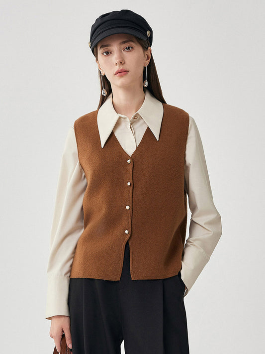 COMOBOCA Brown 100% Wool Women's Button-Down Knit Vest