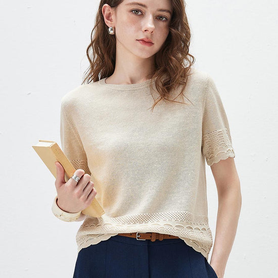 COMOBOCA Beige Women's Scalloped Lace Trim Knit T-Shirt