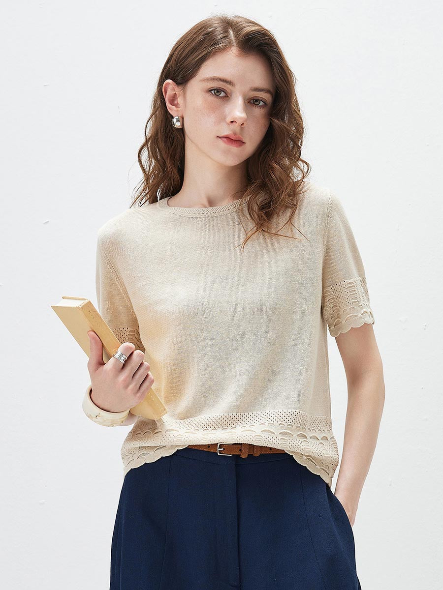 COMOBOCA Beige Women's Scalloped Lace Trim Knit T-Shirt
