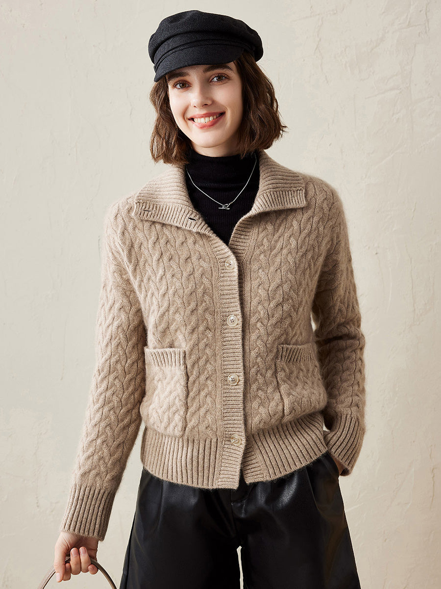 COMOBOCA Camel 100% Cashmere Women's Cable Knit Pocket Cardigan