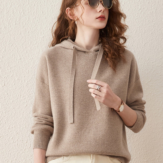 COMOBOCA Camel 100% Wool Women's Sweater Casual Knit Hoodie