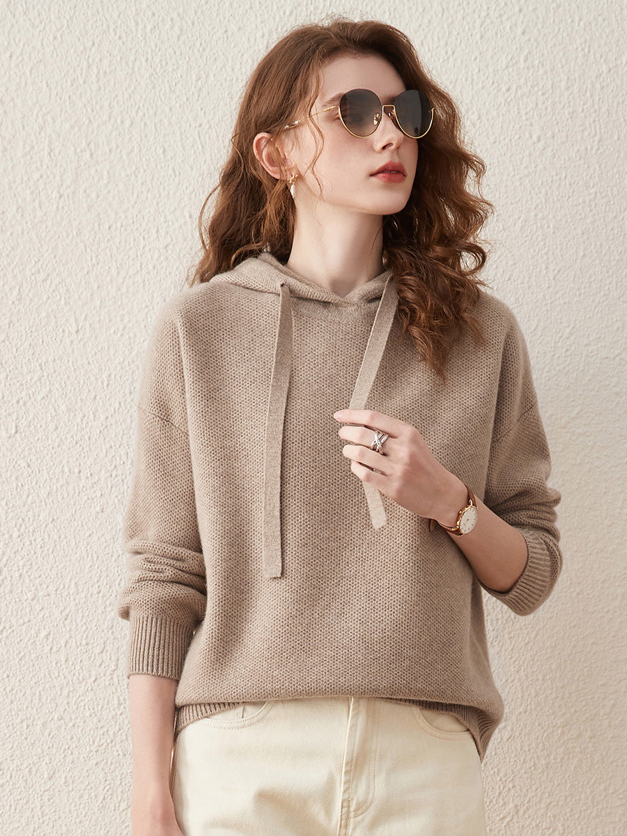 COMOBOCA Camel 100% Wool Women's Sweater Casual Knit Hoodie