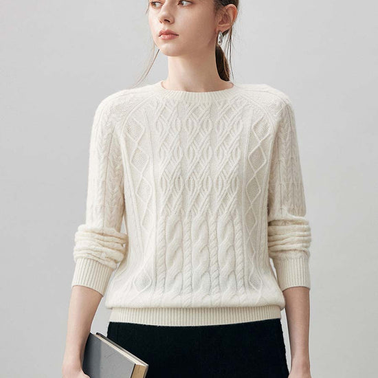 COMOBOCA White 100% Cashmere Women's Cable Knit Round Neck Sweater