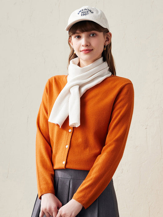 COMOBOCA Orange 100% Wool Women's V-Neck Button Up Cardigan