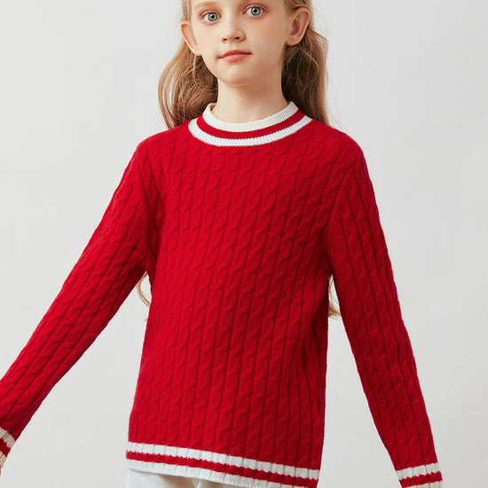 COMOBOCA 100% Wool Kids' Cable Knit Round Neck Sweater