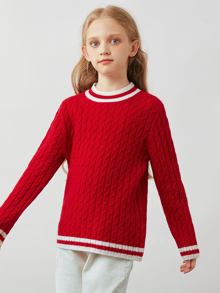 COMOBOCA 100% Wool Kids' Cable Knit Round Neck Sweater