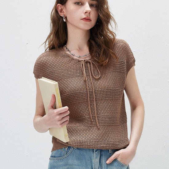 COMOBOCA Women's Tie-Neck Textured Knit Cap Sleeve Top