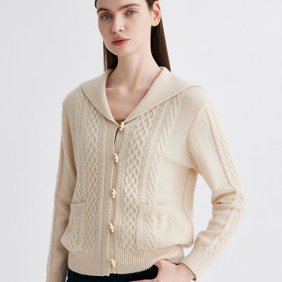COMOBOCA 100% Cashmere Women's Sailor Collar Cable Knit Cardigan