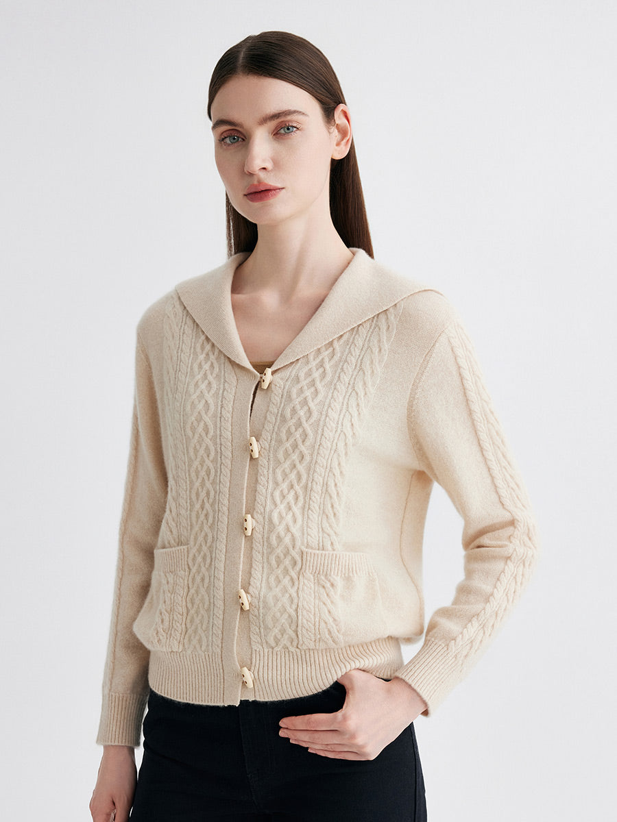 COMOBOCA 100% Cashmere Women's Sailor Collar Cable Knit Cardigan